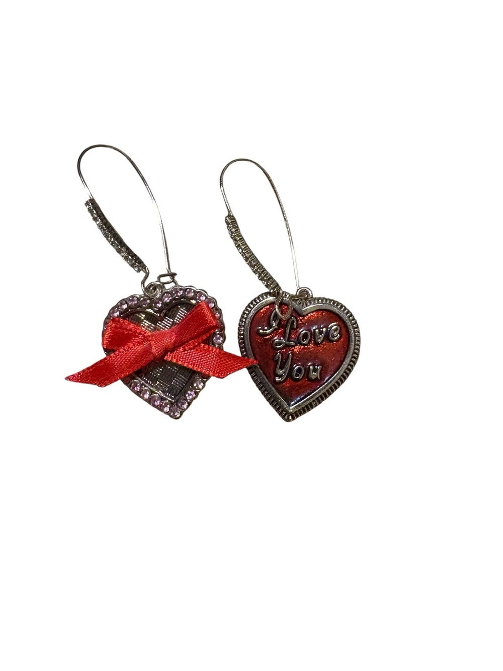 Betsey Johnson I Love You Heart Bow Mismatch Earrings Red Rhinestone Valentine